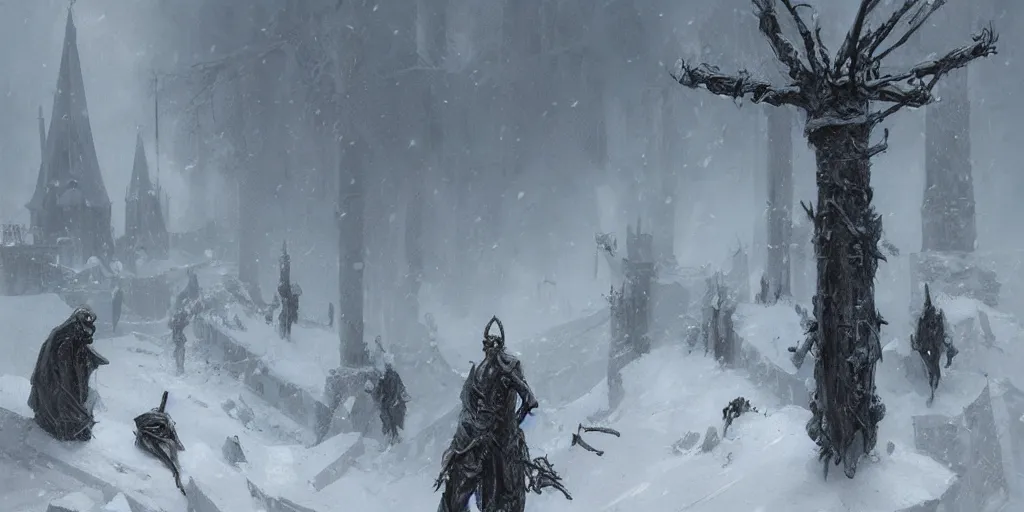 Prompt: Several heads impaled on spikes in the snow, snow storm, fantasy, medieval, horror, Artstation, painting by greg rutkowski