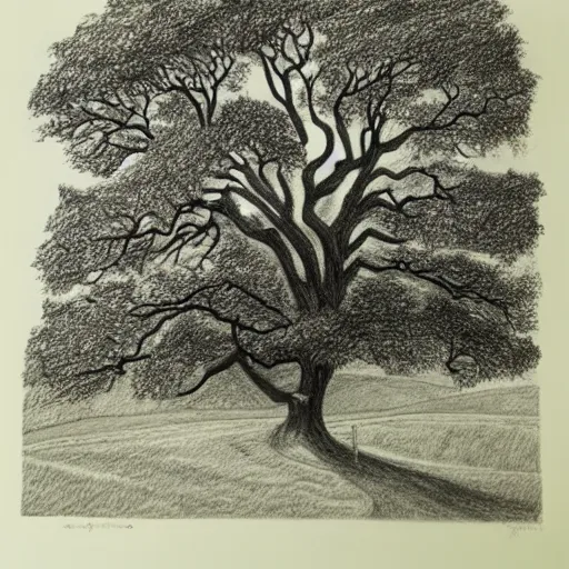 Image similar to oak tree on a hill, pencil drawing, detailed, landscape view