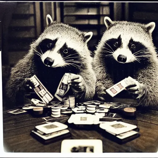 Image similar to polaroid photo of gangster raccoons in smokings, smooking cigar, playing poker, dollars on table