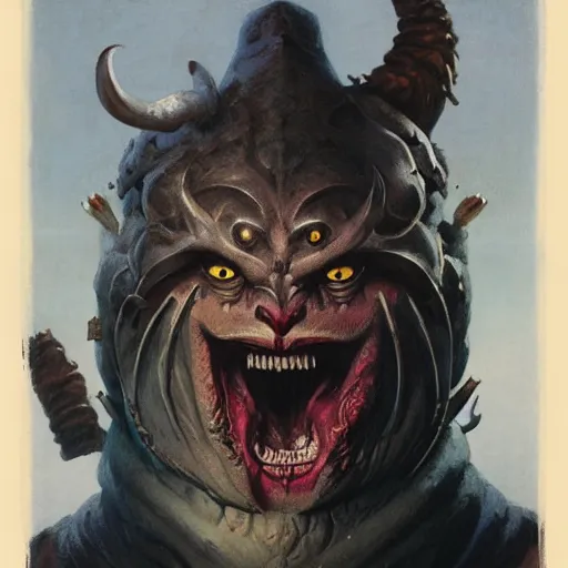 Image similar to head and shoulders portrait of a rakshasa, d & d, fantasy, greg rutkowski, frank frazetta, alexandre chaudret, boris vallejo, michael whelan, miro petrov, hr giger, magali villeneuve, donato giancola