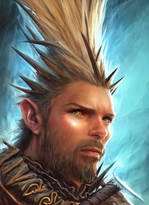 Image similar to human spiky hair, ultra detailed fantasy, dndbeyond, bright, colourful, realistic, dnd character portrait, full body, pathfinder, pinterest, art by ralph horsley, dnd, rpg, lotr game design fanart by concept art, behance hd, artstation, deviantart, hdr render in unreal engine 5