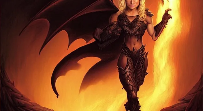 Prompt: Hayden Panettiere from Heroes (2006) fighting a black dragon in a dark cave lit by fire explosions, wide-angle lens, D&D, fantasy, intricate, elegant, highly detailed, digital painting, artstation, concept art, matte, sharp focus, illustration, hearthstone, art by Artgerm and Greg Rutkowski and Alphonse Mucha