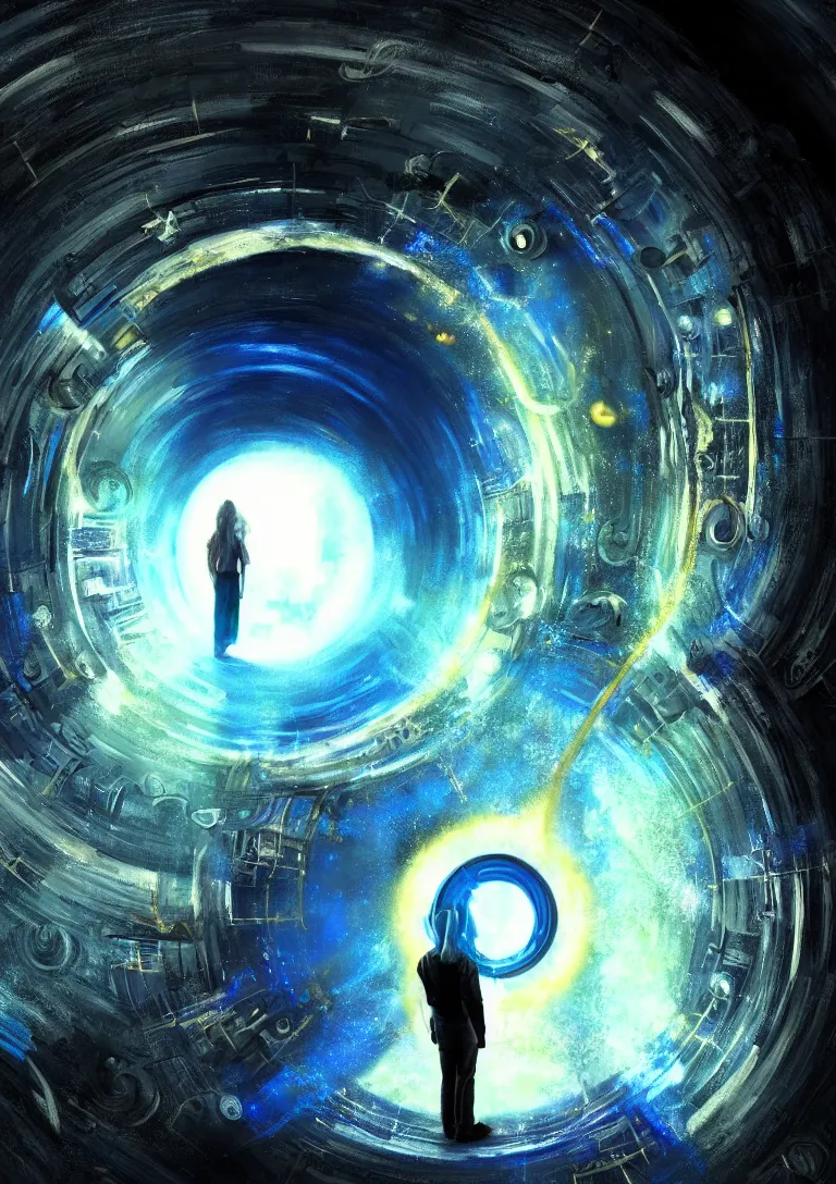 Image similar to The portal into his imagination. High concept art. Introspective. Blue black gold themed.