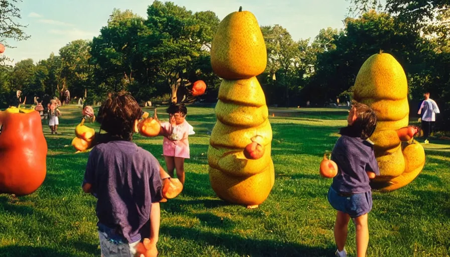 Prompt: 1990s candid photo of a beautiful day at the park, families playing, cinematic lighting, cinematic look, golden hour, large personified fruit people in the background, Enormous fruit people with friendly faces, kids talking to fruit people, UHD