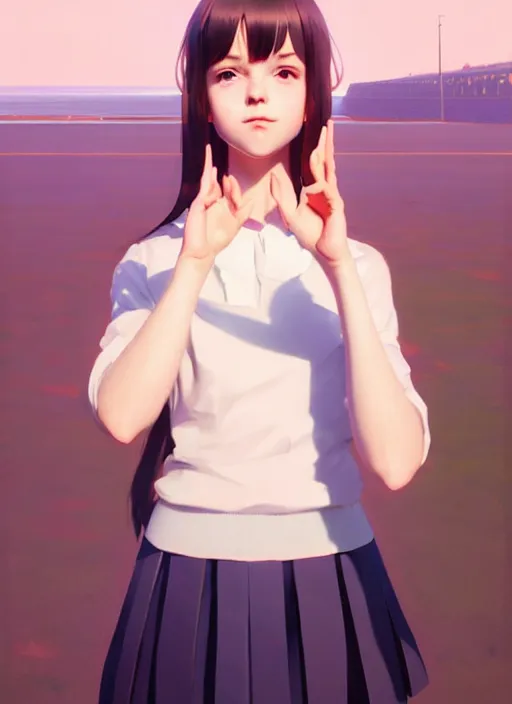 Image similar to full body beautiful and cute and aesthetic school girl greeting, very slightly smiling, wave a hand at the camera, perfect face, symmetric eyes, sharp focus, specular reflection, occlusion shadow, artstation, by ilya kuvshinov and jeremy lipking, light novel cover art, 3 d epic illustrations, symmetric body