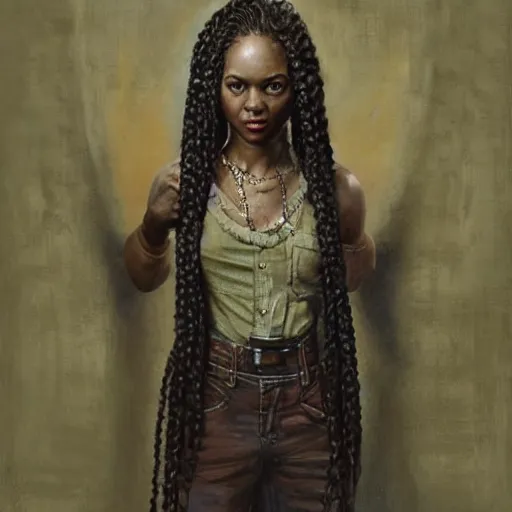 Prompt: a portrait of a fierce!!! woman with cornrow braids by Tim Okamura, Norman Rockwell, she is standing in a very large room with many windows and columns, a detailed matte painting by Noah Bradley and Moebius, cgsociety, concept art, solarpunk, optimistic future, natural light, golden light, life after the plague, backlit, rim lighting
