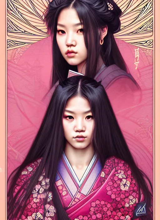 Image similar to jossi of blackpink, female samurai, tarot card, highly detailed, digital painting, smooth, sharp focus, illustration, ultra realistic, 8 k, art by artgerm and alphonse mucha