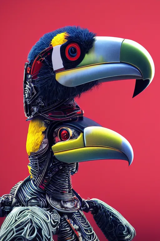 Image similar to a cyborg toucan, dynamic pose, intricate details, intricately detailed textures, warm lighting, vivid colors, realistic octane render, hyper realistic render, volumetric shading, depth of field, raytracing, 8 k,