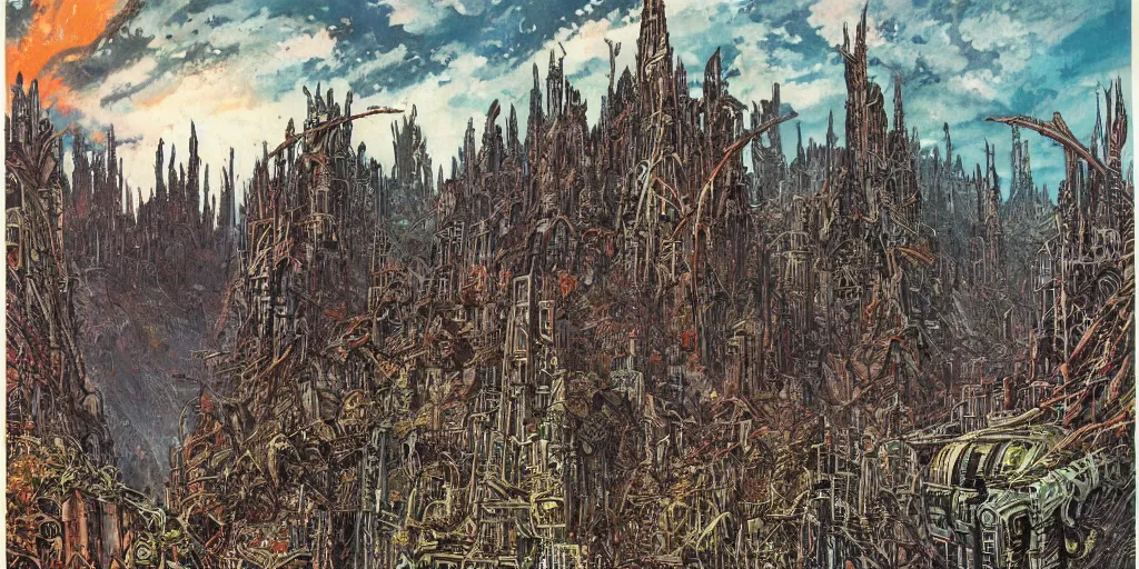 Prompt: post apocalyptic scifi landscape with city ruins, bustling with orcs and elven mystics, by philippe druillet, psychedelic colors