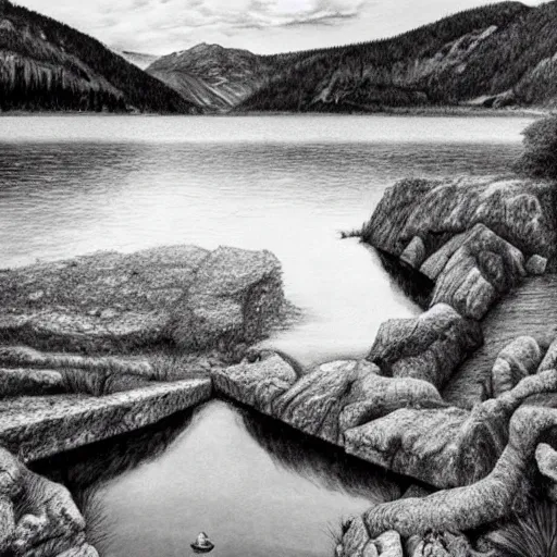 Image similar to lago di sorapis, hyper - realistic black and white drawing, hyper detailed