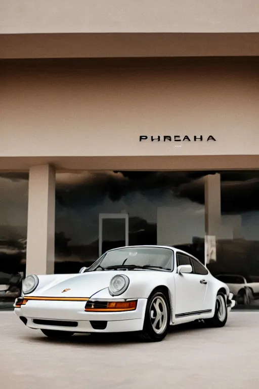 Image similar to Photo of a Porsche 911 Carrera 3.2 parked in front of a Prada Store in the desert, daylight, award winning, high resolution, cinestill 800t.