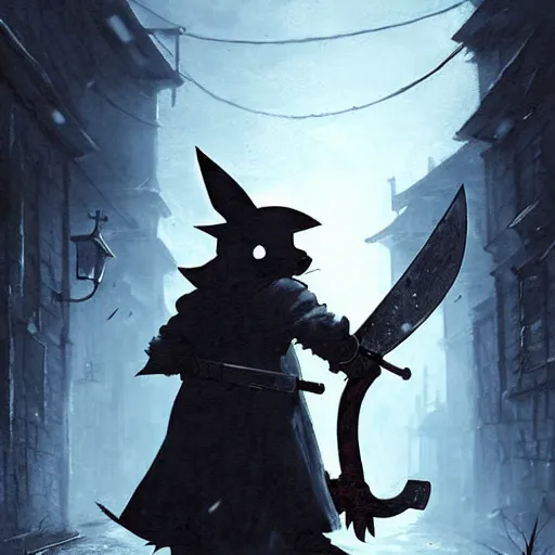 Prompt: pikachu in a back alley wielding a machete and a blunderbuss, art by greg rutkowski, in the style of bloodborne, intricate, elegant, highly detailed, smooth, sharp focus, artstation