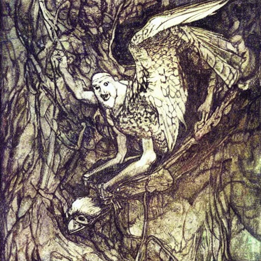 Image similar to Turning and turning in the widening gyre the falcon cannot hear the falconer, painted by Arthur Rackham