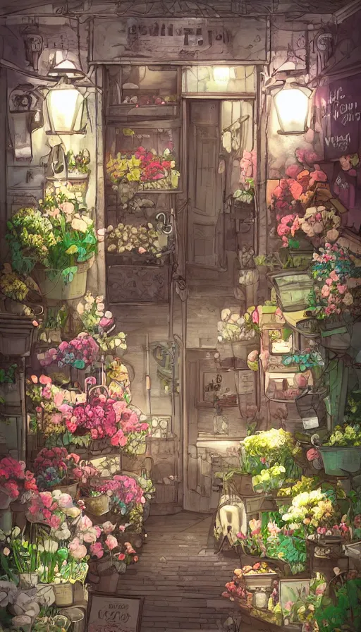 Prompt: a little flower shop's front gate, nostalgic, fresh digital illustrati on, dramatic lighting, pixiv, detailed textures