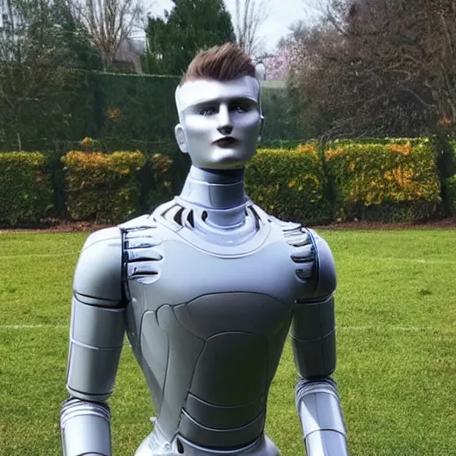 Image similar to a realistic detailed photo of a guy who is an attractive humanoid who is half robot and half humanoid, who is a male android, soccer player timo werner, shiny skin, posing like a statue, blank stare, by the pool, on display, showing off his muscles, humanoid robot, frozen ice statue, made of ice