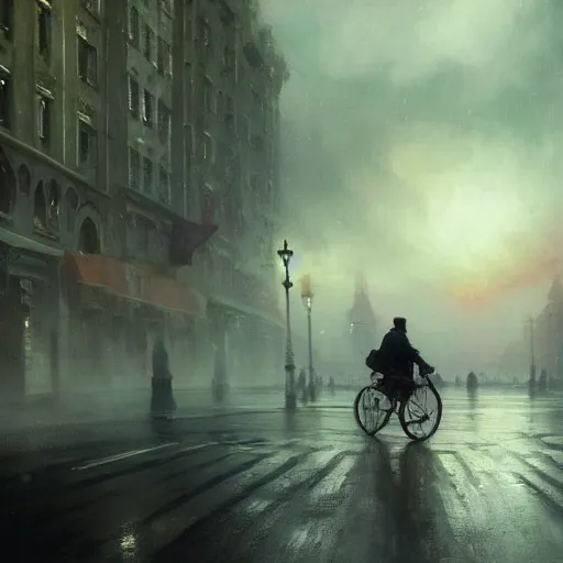 Image similar to cinematic shot epic portrait christopher eccleston riding a bicycle in the streets, atmospheric, cloudy, broad light, ambient occlusion, volumetric light effect, made by ivan aivazovsky, peter mohrbacher, greg rutkowski, ross tran, matte painting, trending on artstation, 4 k, perfectly defined features, digital painting, cinematic, epic, highly detailed,