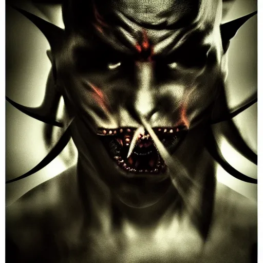 Image similar to Demon ninja warrior, Airbrush, low-key lighting, low angle, somber, sinister, doom, haunting