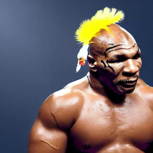 Image similar to uhd mike tyson with feathers and a beack, resembling a chicken