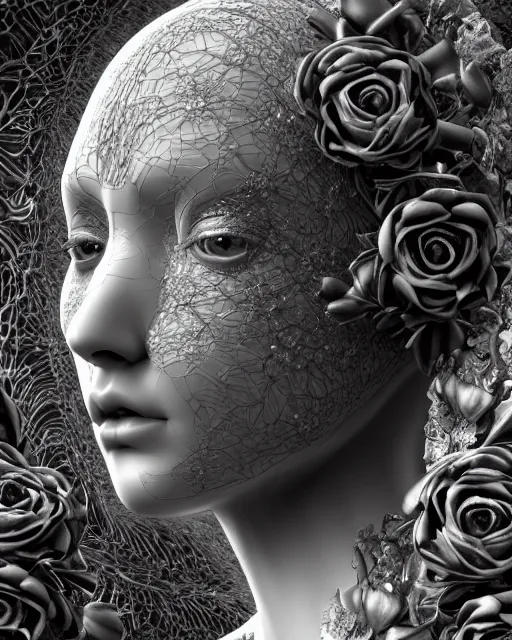 Image similar to mythical dreamy black and white organic bio-mechanical spinal ribbed profile face portrait detail of translucent steampunk beautiful female angelic-human-queen-vegetal-cyborg, highly detailed, intricate trnaslucent ivy jelly ornate, poetic, translucent roses ornate, 3D render, digital art, octane render, 8K artistic photography, photo-realistic, by Dora Maar