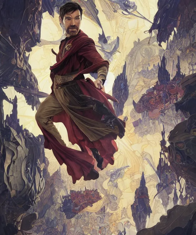 Prompt: Antony Starr as Doctor Stephen Strange, highly detailed, digital painting, artstation, concept art, smooth, sharp focus, illustration, ArtStation, art by artgerm and greg rutkowski and alphonse mucha and J. C. Leyendecker and Edmund Blair Leighton and Katsuhiro Otomo and Geof Darrow and Phil hale and Ashley wood and Ilya repin and Charlie Bowater