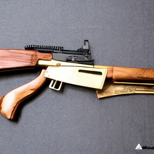 Prompt: ak - 4 7 : : gun showcase : : gold designs, wood