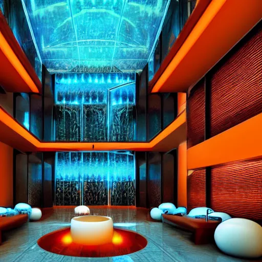 Prompt: futuristic hotel lobby, hyper detailed, digital art, trending in artstation, cinematic lighting, teal and orange