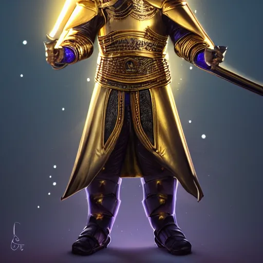 Image similar to a highly detailed knight with glowing purple eyes in a T golden helmet and a golden crown with a blue diamond in the center, golden armor, leather clothes under the armor, leather gloves, holds a black sword, artstation, DeviantArt, professional, octane render, sunset lighting