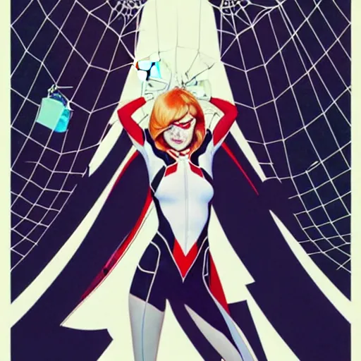 Image similar to Joshua Middleton comic cover art, Norman Rockwell, cinematics lighting, pretty Emma Stone as Spider Gwen symmetrical face, Marvel comics, hanging from white web, playful smirk, city in background