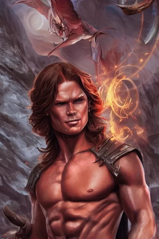 Image similar to muscular sam winchester as a mage in the cover of an acotar book. d & d!, fantasy style, sharp focus!, ultra detailed, art by artgerm, wlop, ilya kuvshinov