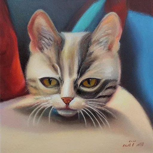 Prompt: cat, oil paining, highly realistic, romantic style