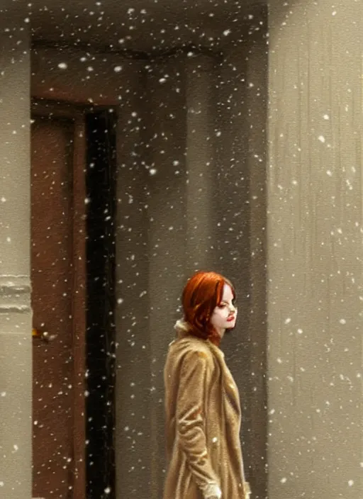 Prompt: back of emma stone in beige coat, walking into new york apartment building entrance in winter, close up of apartment entrance, snow, artwork by gaston bussiere, craig mullins, trending on artstation