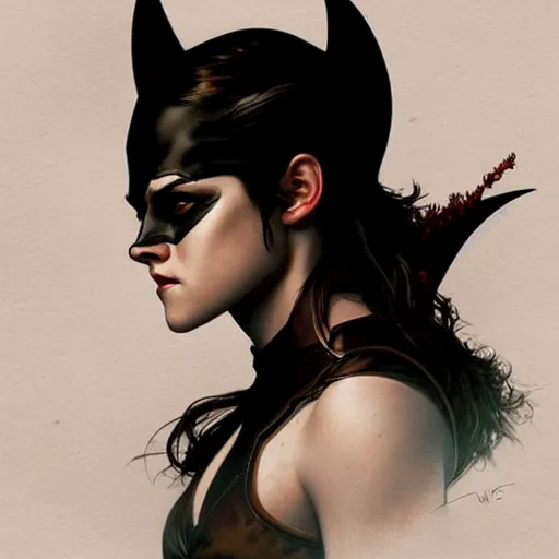 Image similar to Beautiful Kristen Stewart as Bat Girl, western, D&D, fantasy, intricate, elegant, highly detailed, digital painting, artstation, concept art, matte, sharp focus, illustration, art by Artgerm and Greg Rutkowski and Alphonse Mucha