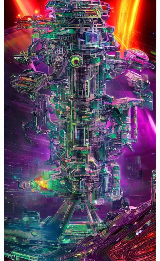 Prompt: a portrait of a hi-tech sci-fi cyberpunk spaseship of epic proportions and intricate detail, with a lot of bright color diodes, in deep space, photography, color, very detailed, realistic