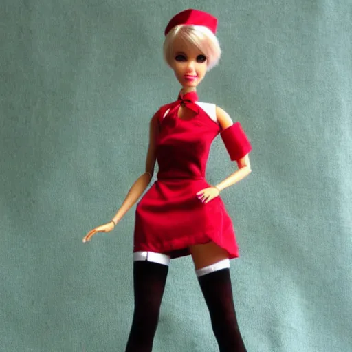 Image similar to anime barbie doll, in red velvet stockings, a nurse's dress, full length, heels on her feet