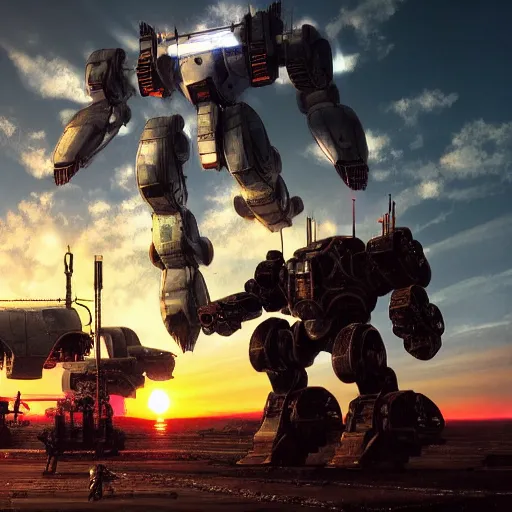 Image similar to A real photo of a giant mechwarrior robot and the sunset in the distance, by Josan Gonzalez, Yoji Shinkawa and Geof Darrow, highly detailed, Unreal Engine Render, 3D, 8k wallpaper