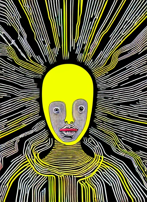 Prompt: highly detailed closeup portrait of wasteland long glowing yellow and white plasma hair tribal lady, stray electric spark wiring by jean jullien, 4 k resolution, gradient yellow, black and white color scheme!!! ( ( lightning robotic city background ) )