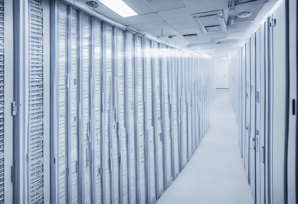 Prompt: photo of modern server data room, bright, white