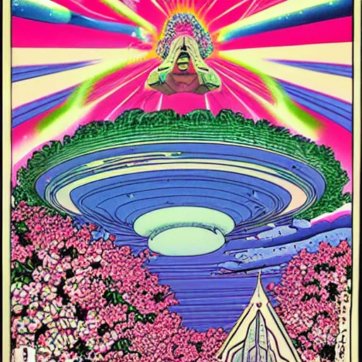 Prompt: a beautiful painting of a large alien shrine shrouded by mystic nebula magic in a field of flowers by hiroshi nagai and hirohiko araki, detailed line art