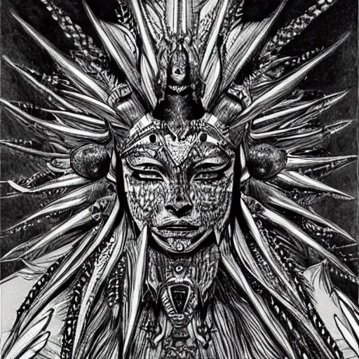 Prompt: a cosmic, lovcraftian female sphinx with spikes on its head and feathers and jewellery drawing by tsutomu nihei