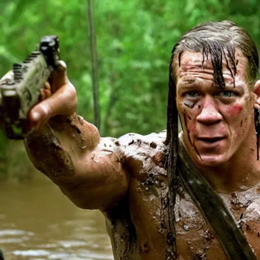 Prompt: film still of john cena as major dutch, covered in mud, hiding from the predator in swamp scene in 1 9 8 7 movie predator, hd, 8 k