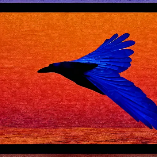 Image similar to blue raven flying on a red sky, realistic