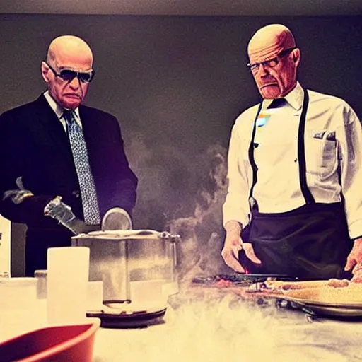 Image similar to “Very photorealistic screenshot of Joe Biden and Walter White cooking drugs in an episode of Breaking Bad, atmospheric lighting, award-winning”