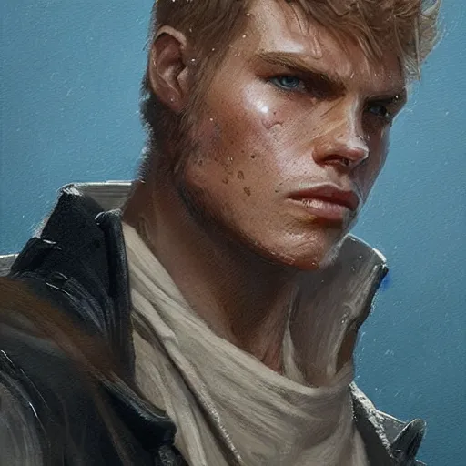 Prompt: portrait of a man by Greg Rutkowski, Cade Skywalker from Star Wars Expanded Universe, he is about 30 years old, manly, strong, messy blond hair, wearing a leather jacket, highly detailed portrait, digital painting, artstation, concept art, smooth, sharp foccus ilustration, Artstation HQ