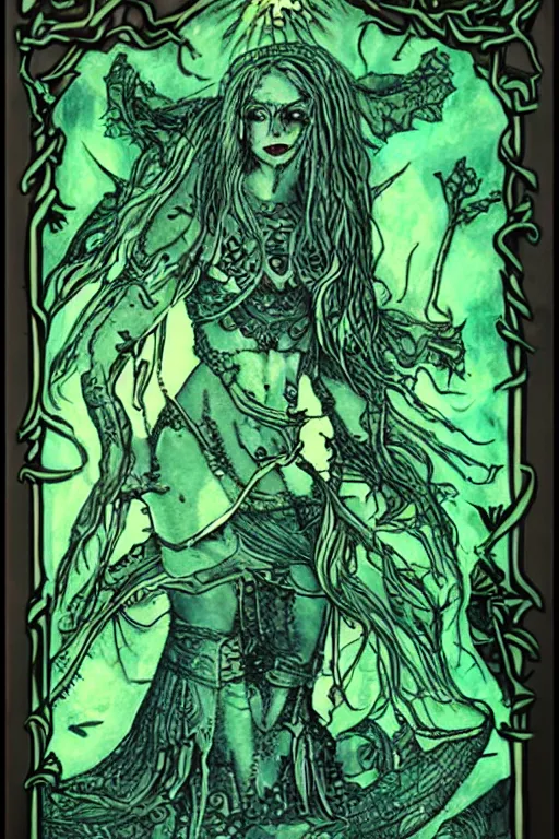 Image similar to dark tarot depth artwork, phosphorescent skin