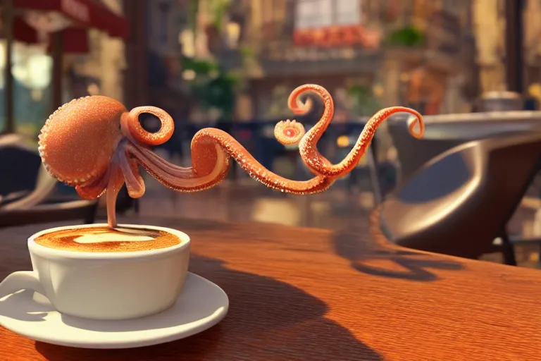 Prompt: Funny little octopus crawling out from a cup of coffee in beautiful morning café in Paris. Pixar Disney 4K 3d render funny animation movie Oscar winning trending on ArtStation and Behance. Ratatouille style.