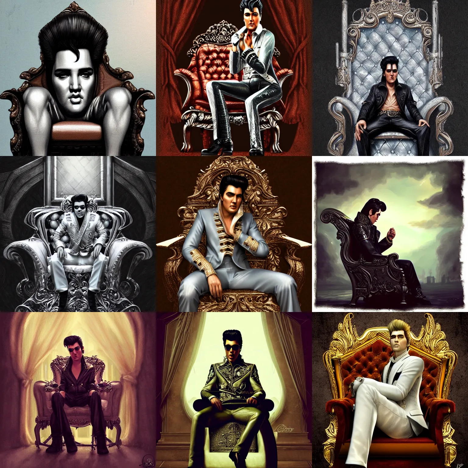 Prompt: highly detailed, elvis sitting on his throne in his castle, art inspired by charlie bowater, hyperreal