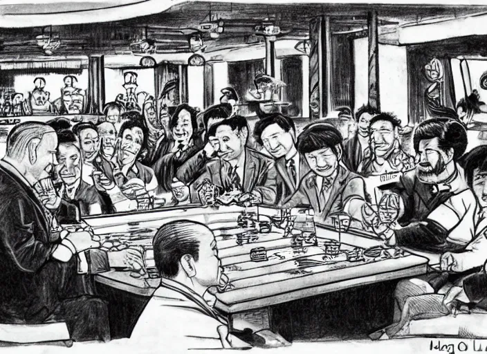 Prompt: joe biden arm wrestling xi jinping in a bar in china illustration by mike ploog