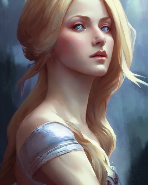 Image similar to '' Portrait of Beautiful blonde Slavic woman, league of legends, LOL, fantasy, d&d, digital painting, artstation, concept art, sharp focus, illustration, art by greg rutkowski and alphonse mucha ''