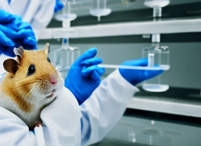 Image similar to film still of a hamster working in a research lab filling test tubes, 8 k