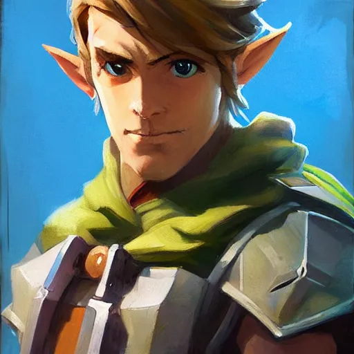 Image similar to greg manchess handsome portrait painting of link in the legend of zelda as overwatch character, medium shot, asymmetrical, profile picture, organic painting, sunny day, matte painting, bold shapes, hard edges, street art, trending on artstation, by huang guangjian and gil elvgren and sachin teng